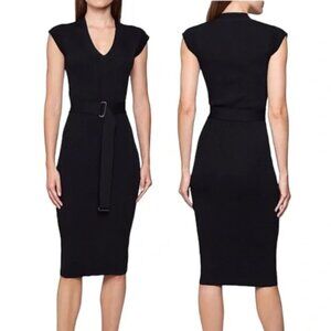 Reiss Amelie Black Bodycon Dress Stretch Knit Cap Sleeve Midi Dress Belted Sz S
